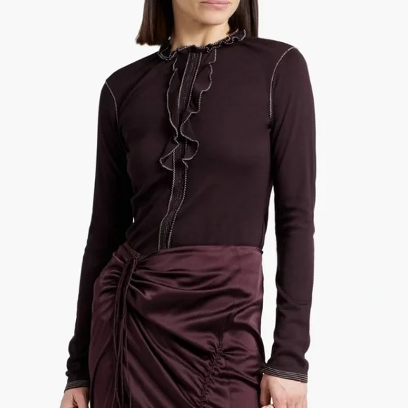 ULLA JOHNSON Asha ruffled organic wool top in Merlot Size S